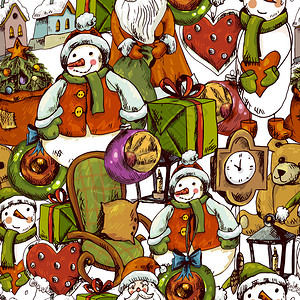 手绘新年和圣诞节无缝背景矢量插图与圣诞树礼物时钟椅子圣诞老人手电筒背景图片