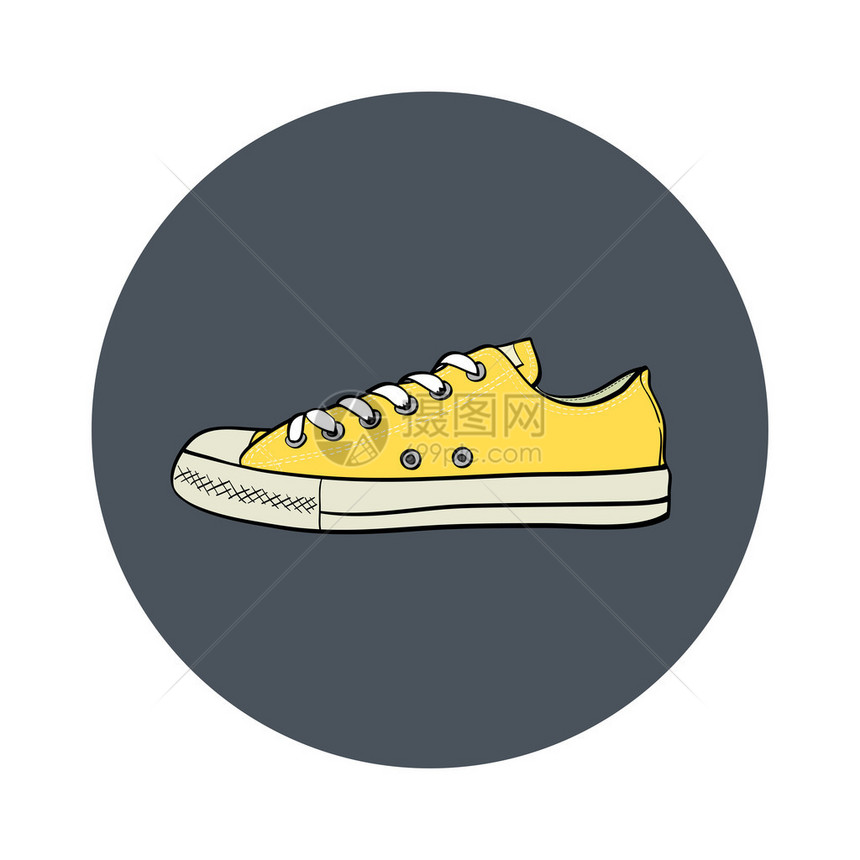 在深灰色背景上手工绘制黄色运动鞋树胶的侧面视图图片