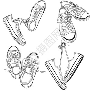 一组四对运动鞋位置各异以素描风格绘图片