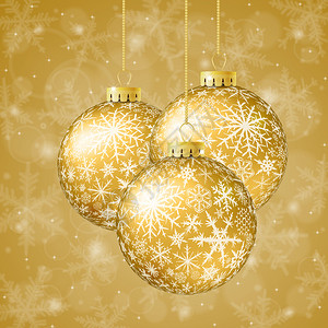 金色背景上带有金球和雪花的圣诞贺卡图片