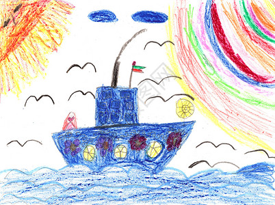 海上儿童画船图片