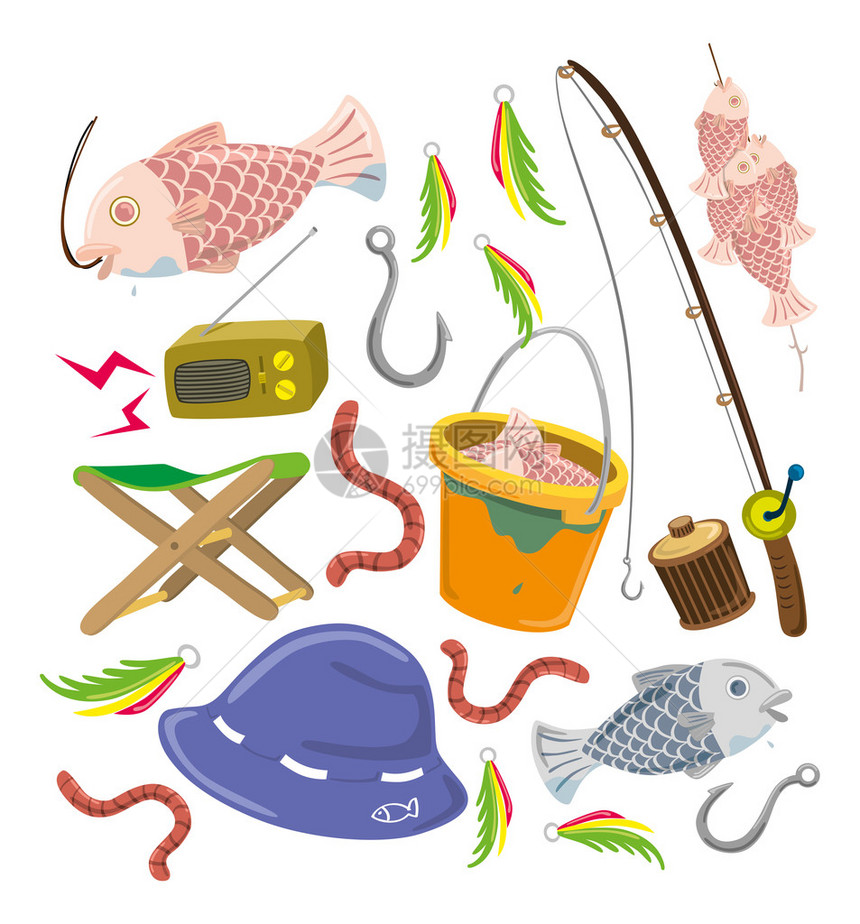 一组多彩的捕鱼图标漫画符图片