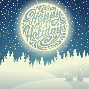 圣诞背景有雪花月亮兔子和图片
