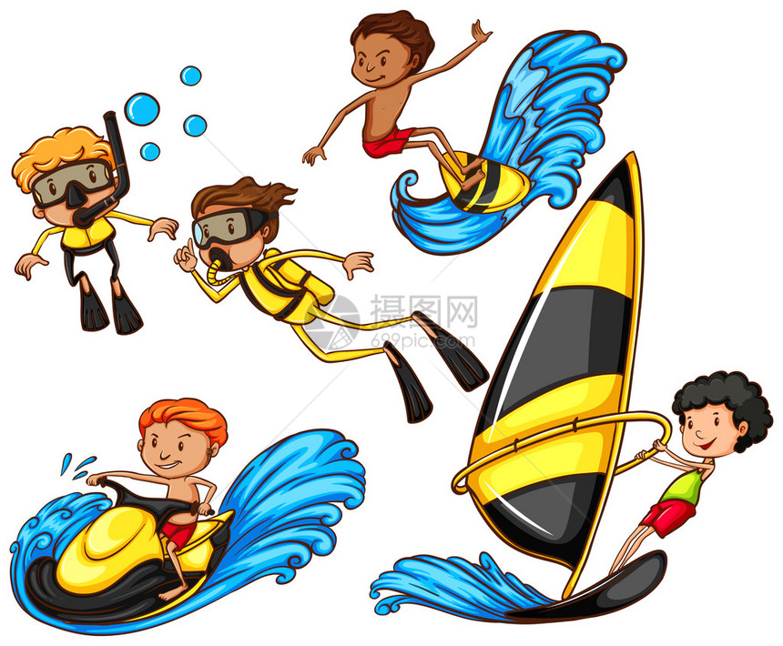 一群人以白色背景享受水上运动活的草图图片