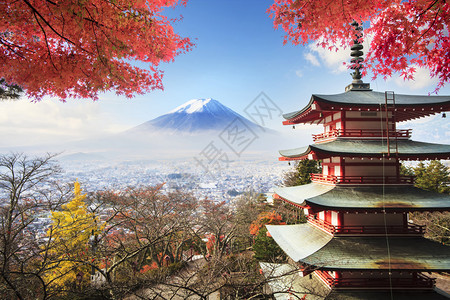 贵船神社日本蓝天背景下的富士圣山形象供广告或插画