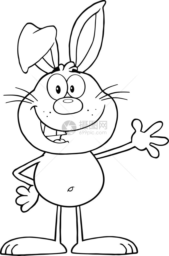 黑白微笑兔子卡通字符为问候而挥舞矢量I说图片
