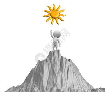 夹紧山上人指向太阳的3d渲染插图设计图片