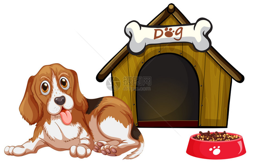 一只狗坐在房子前面的插图图片