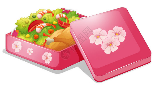 带有鸡肉和沙拉的粉红色午餐盒插图图片