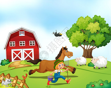 农民与马奔跑的插图图片