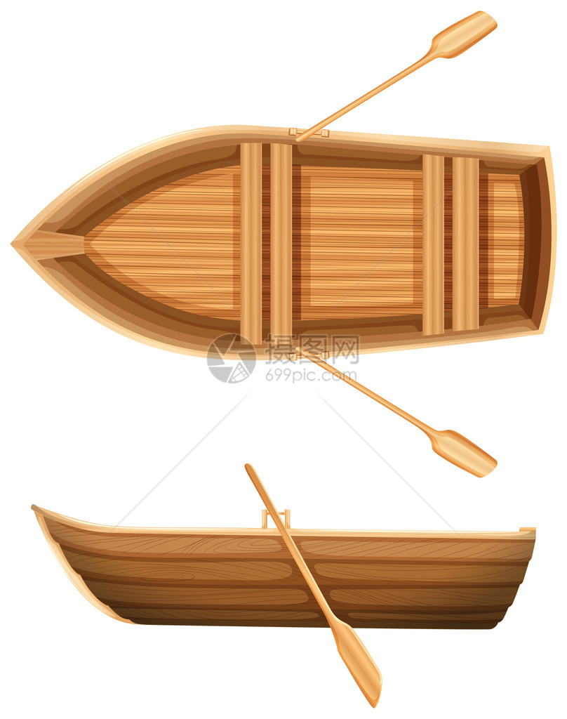 白色背景上木船的俯视图和侧视图图片