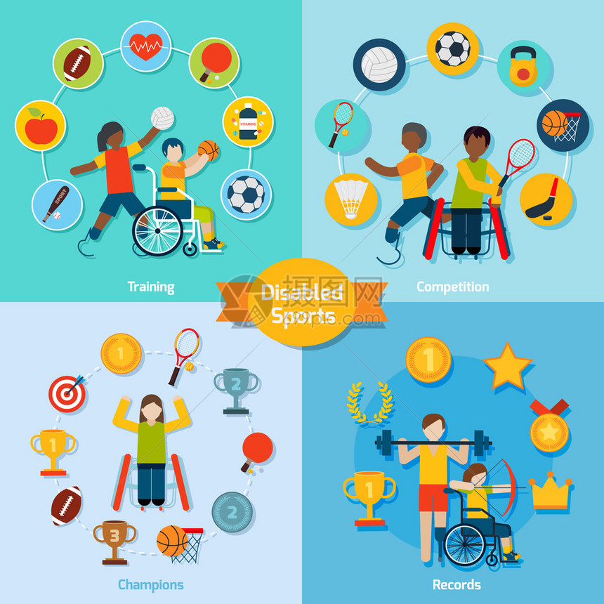 残疾人运动设计概念集与训练比赛冠军记录平面图标图片