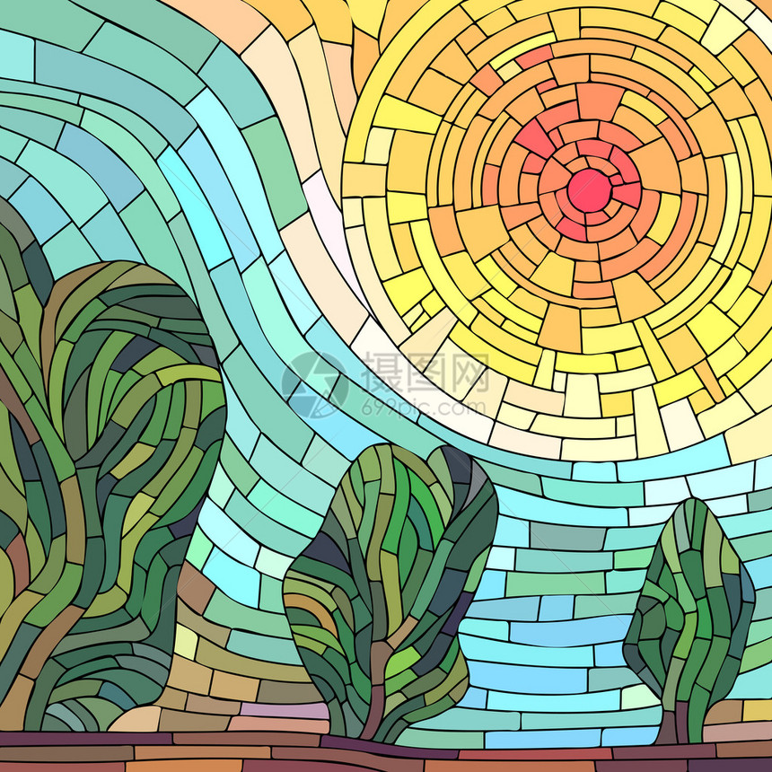 方形马赛克插图背景与树木的抽象红太阳图片