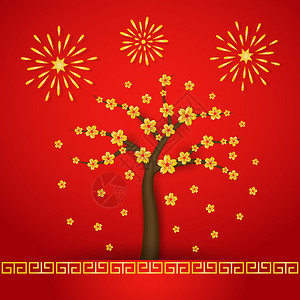 新年樱花树和红底烟背景图片