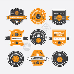 篮球用月桂花环篮球皇冠和星设置复古标志标签图片