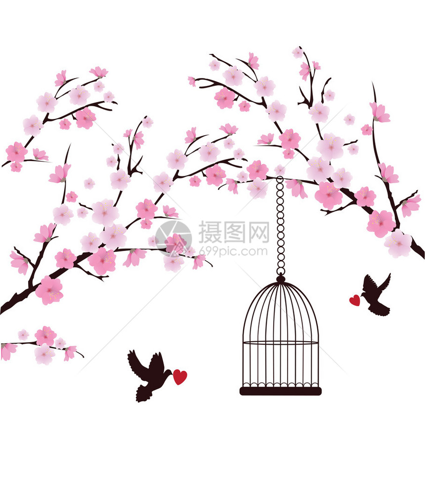 带鸽子心和笼子的矢量樱花树枝图片