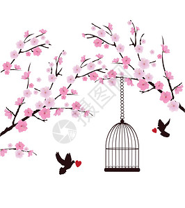 带鸽子心和笼子的矢量樱花树枝图片