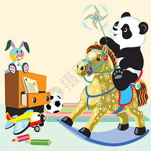 卡通熊猫在游戏室骑着摇滚马玩具儿童为图片