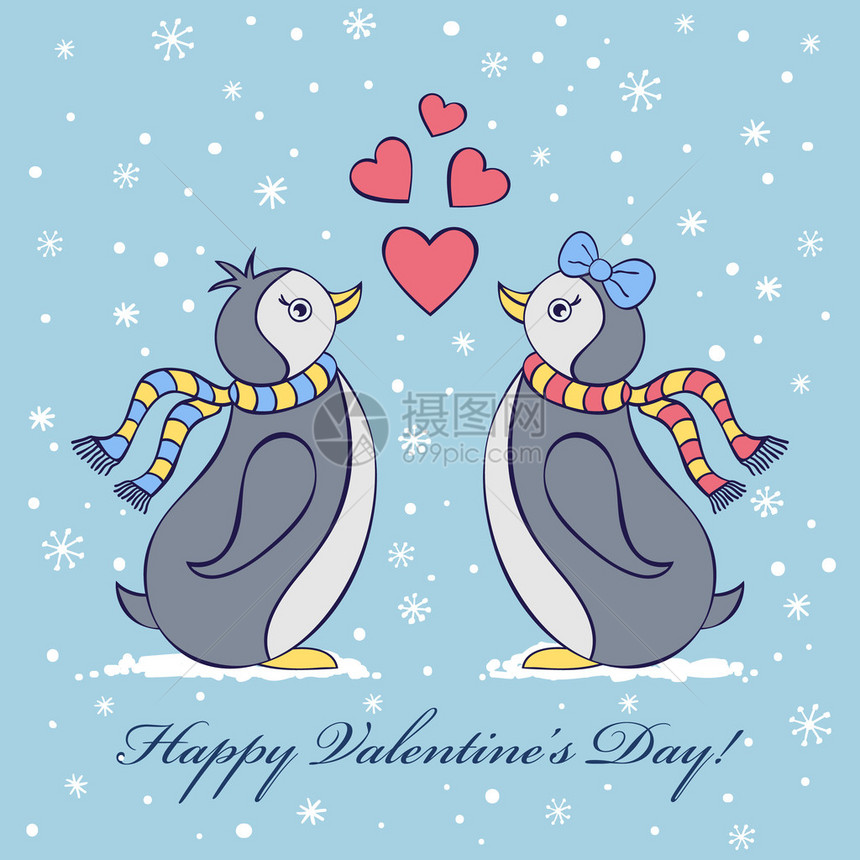 情人节贺卡与企鹅的矢量插图图片