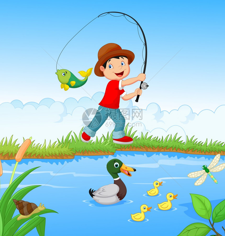 小男孩卡通钓鱼的矢量图解图片
