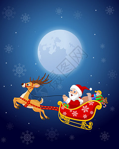 卡通圣诞老人圣诞雪橇被驯鹿拉扯图片