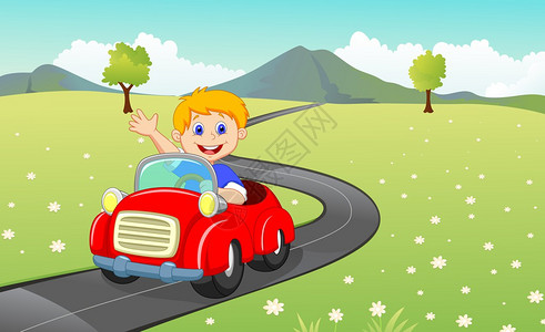 卡通男孩驾驶汽车的矢量插图图片