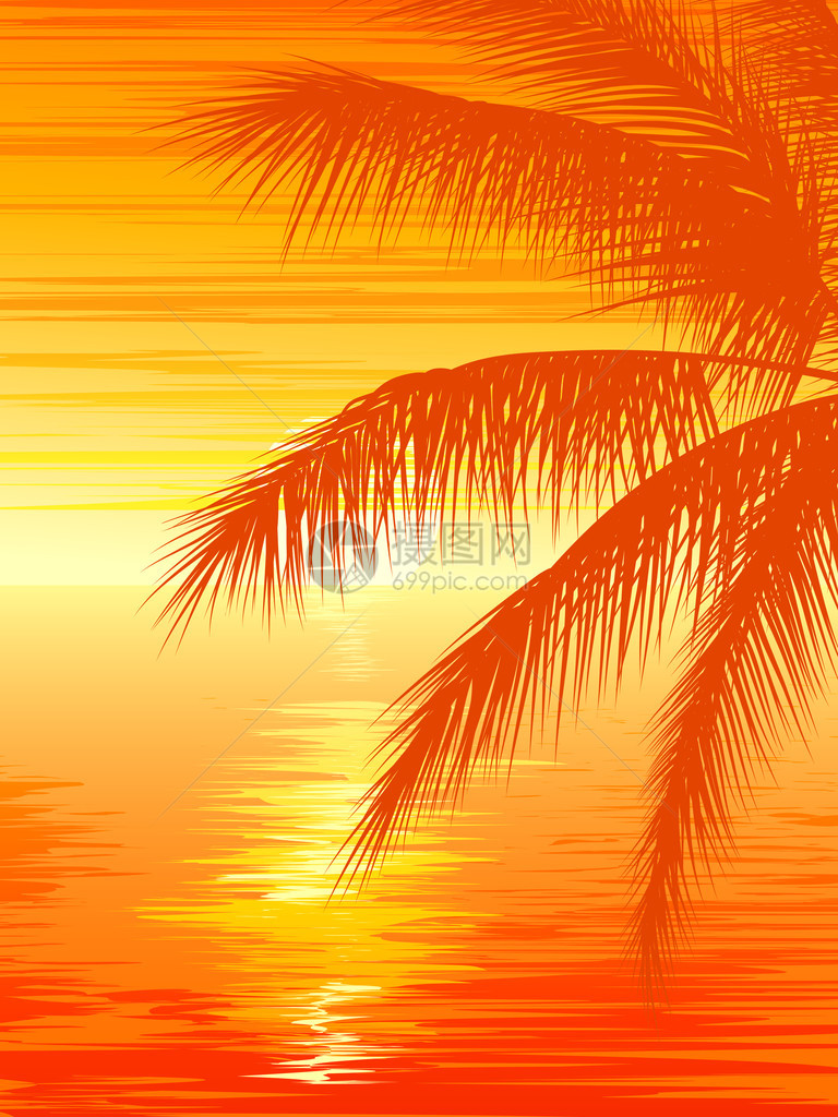日落时海滩上棕榈树的垂直矢量图解图片