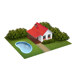 一片土地有草坪和房屋灌木丛和游泳池图片