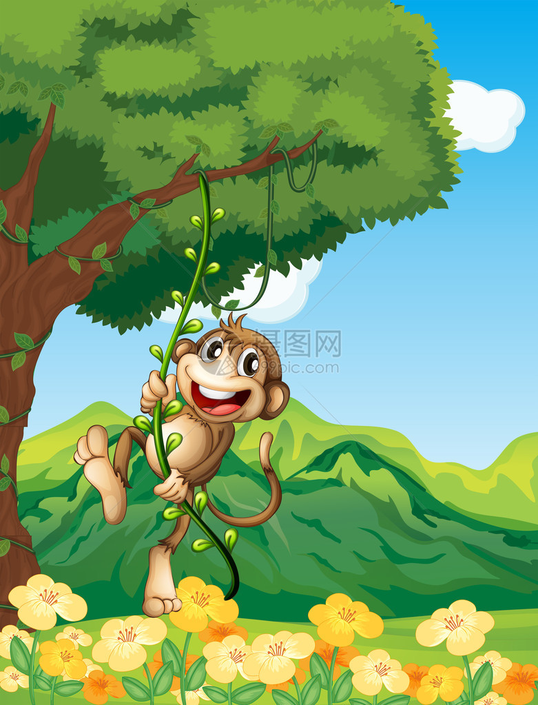 一只猴子挂在藤上的插图图片