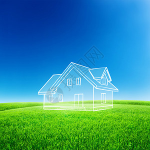 手绘草图房子在蓝天与绿色的田野图片