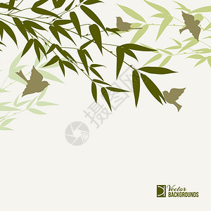 背面有鸟在雾天上的竹子林插画