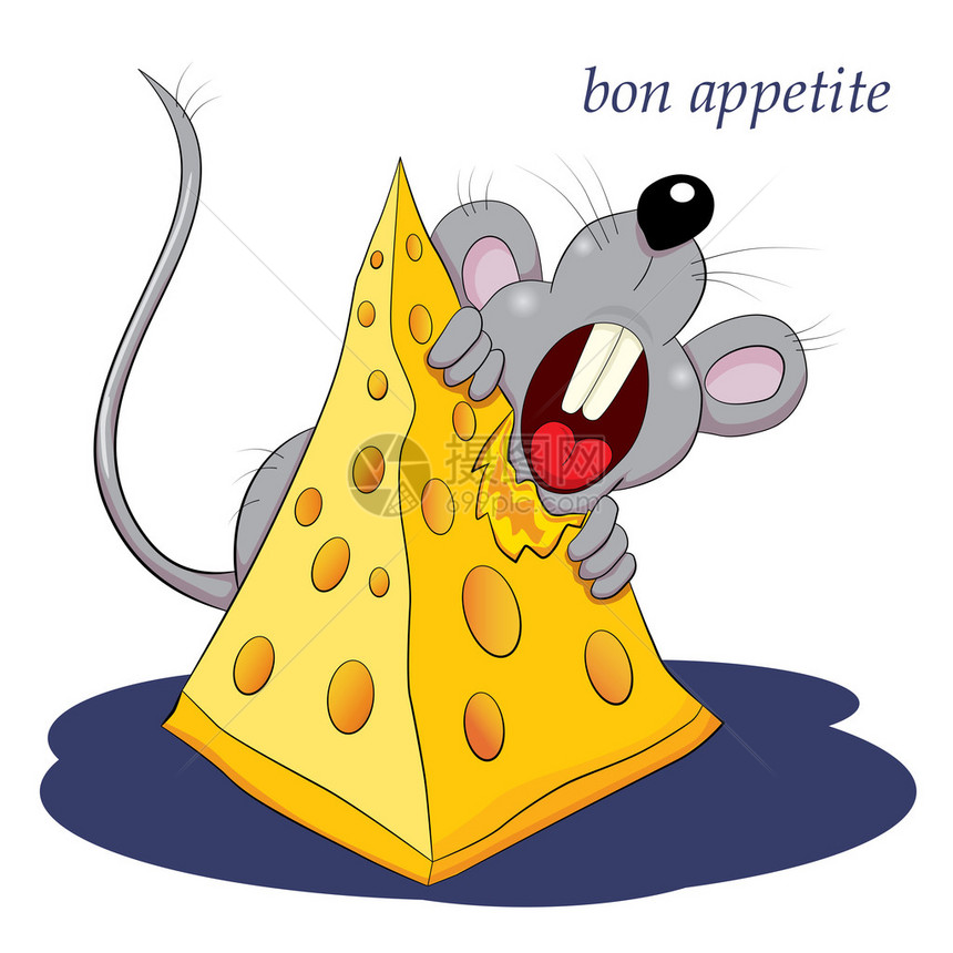 卡通有趣的小老鼠咬一块奶酪在白色背景图片