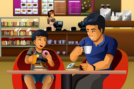 说明父亲和儿子在甜圈店吃图片