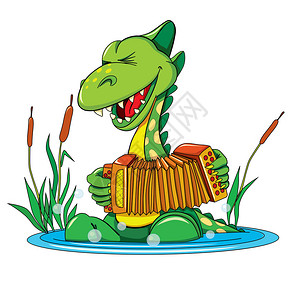 一只快乐的恐龙坐在里的水里演奏手风图片