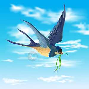 在天空中飞翔的燕子带着一朵春花图片