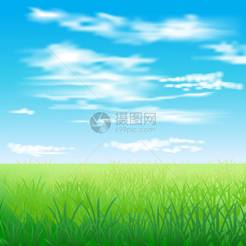 春天绿色的草地和蓝天白云图片