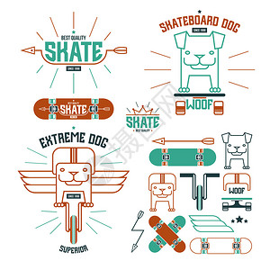 滑板狗徽章和图标T恤衫的图形设计白图片