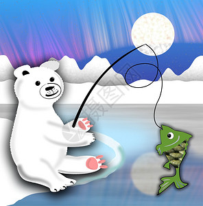浮冰上带鱼线的北极熊儿童插画图片
