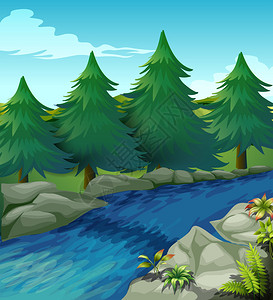 一条有松树的河流的插图图片