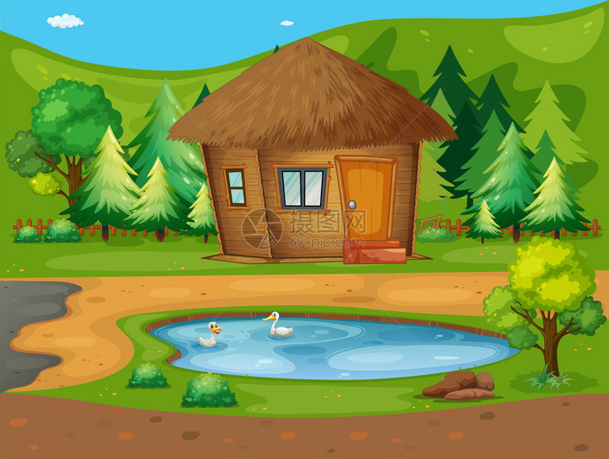 池塘边木屋的插图图片