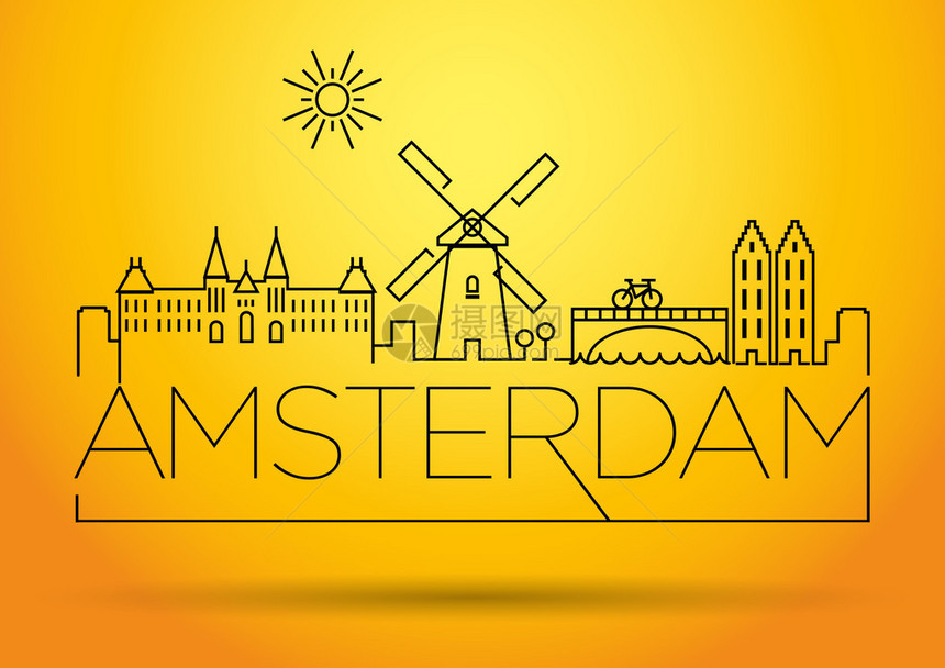 阿姆斯特丹市线Silhouette平面图设图片