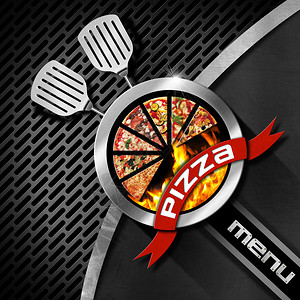配有金属圆披萨符号深金属背景和烧烤及厨房用具的图片