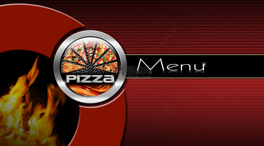 披萨菜单设计配有金属圆披萨符号和在黑色和红色背景与水平黑带上图片