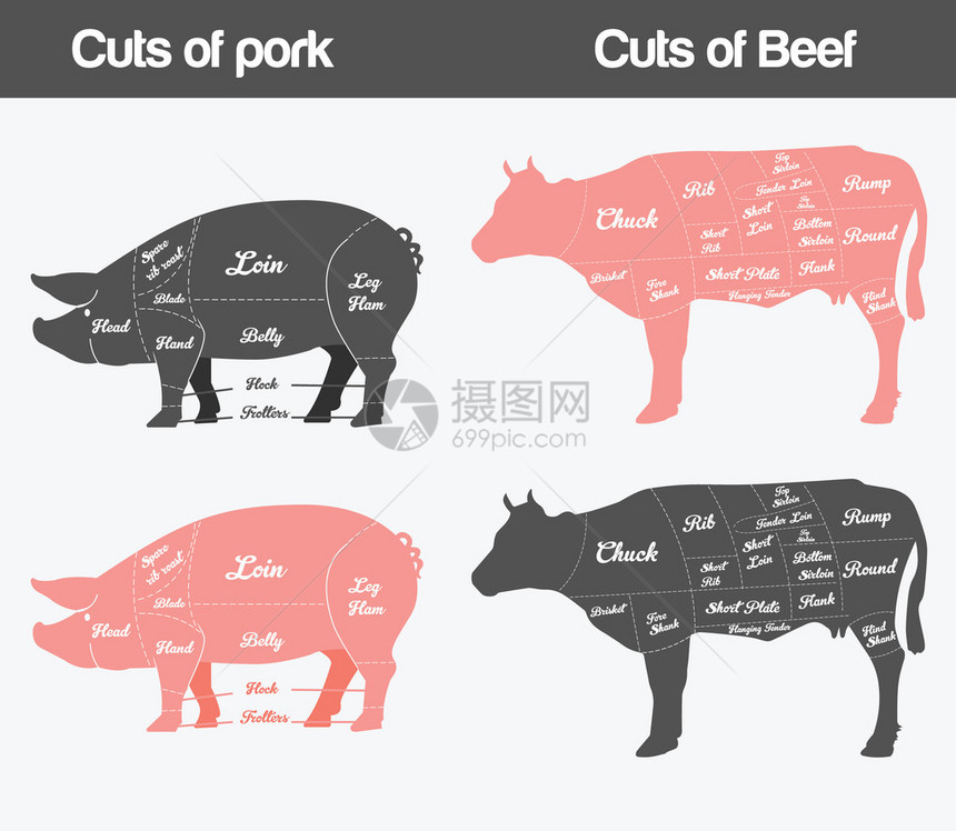 牛肉和猪肉切块的矢量图解图片
