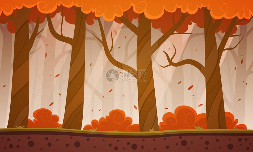 游戏风格卡通秋季森林背景矢量插图图片