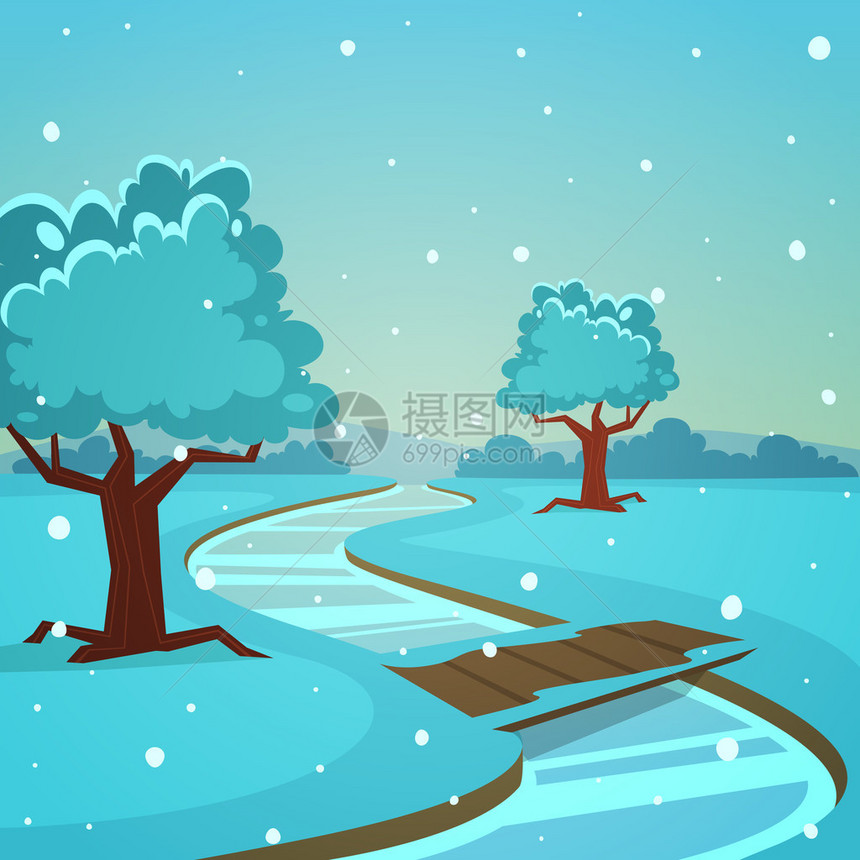 乡村冬季风景带小木桥的河图片