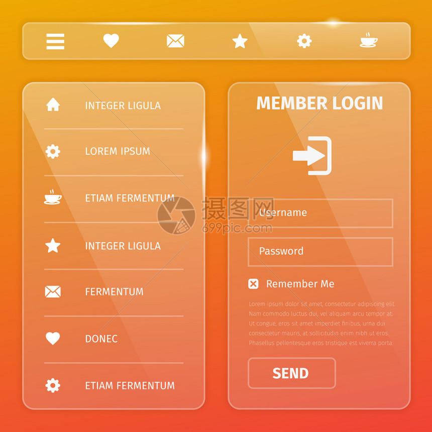 透明的移动和网络用户界面模板设计矢量eps10插图成员登录水平和垂直导航图片