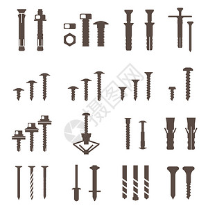 紧固件图标设置螺丝和钉子矢量图片