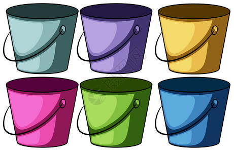 白色背景上的六个彩色水桶背景图片