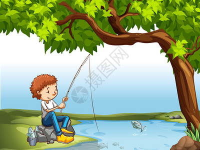 男孩在河边钓鱼图片
